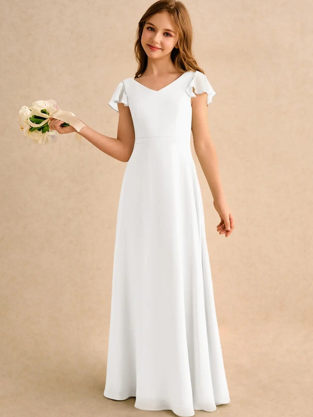 White Flutter-Sleeve V-Neck Maxi Dress